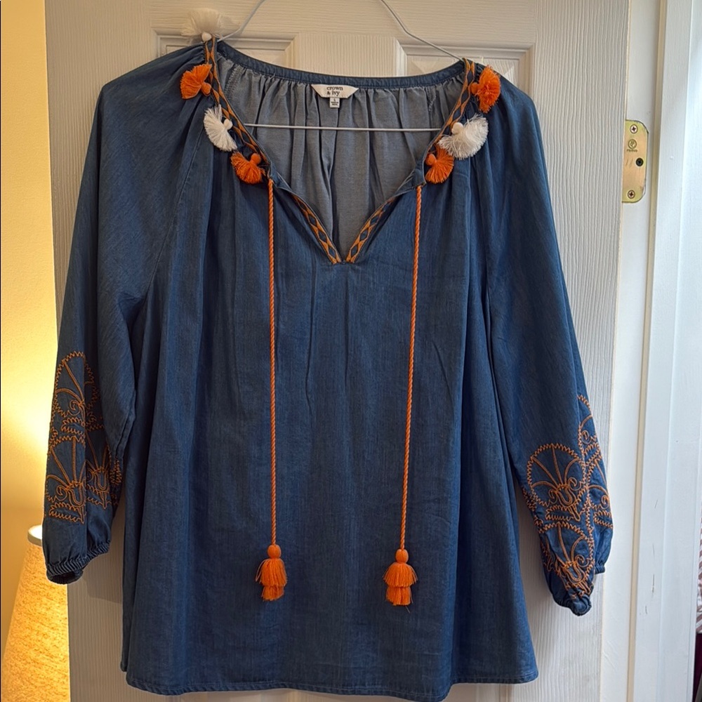 Chic Denim Blouse with Orange Embroidery